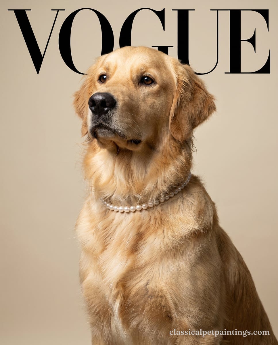 A medium gold Golden retriever with a wavy coat and pearls, turned three-quarters on a magazine cover with a beige backdrop