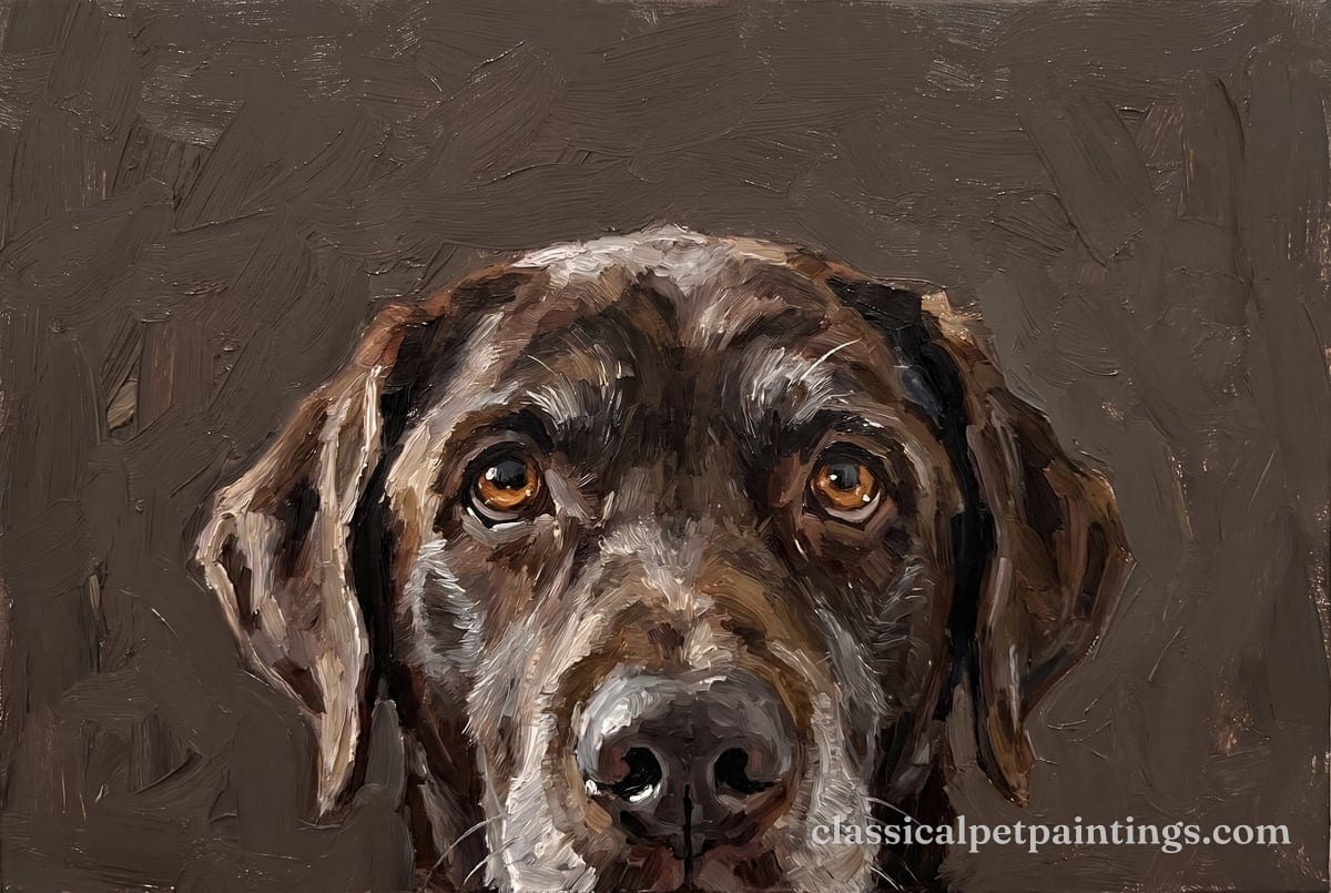 An older chocolate Labrador retriever with a graying muzzle and amber eyes looking up, painted in thick oil strokes on a brown ground