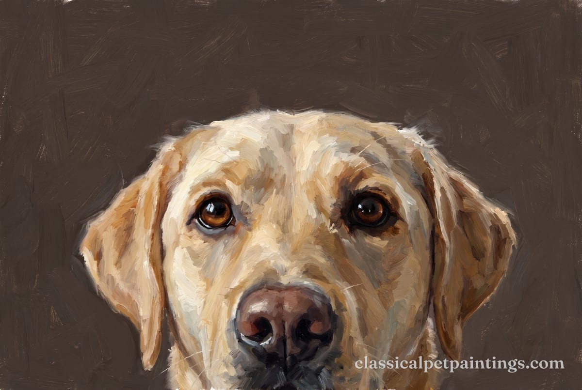 A pale yellow Labrador retriever with dark brown eyes gazing up from the bottom edge of an oil painting on a brown-gray ground