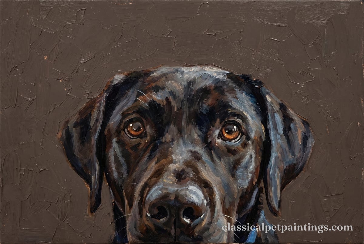 A black Labrador retriever with amber-brown eyes looking up, only the top of its head showing, in loose oil brushwork on a warm brown ground