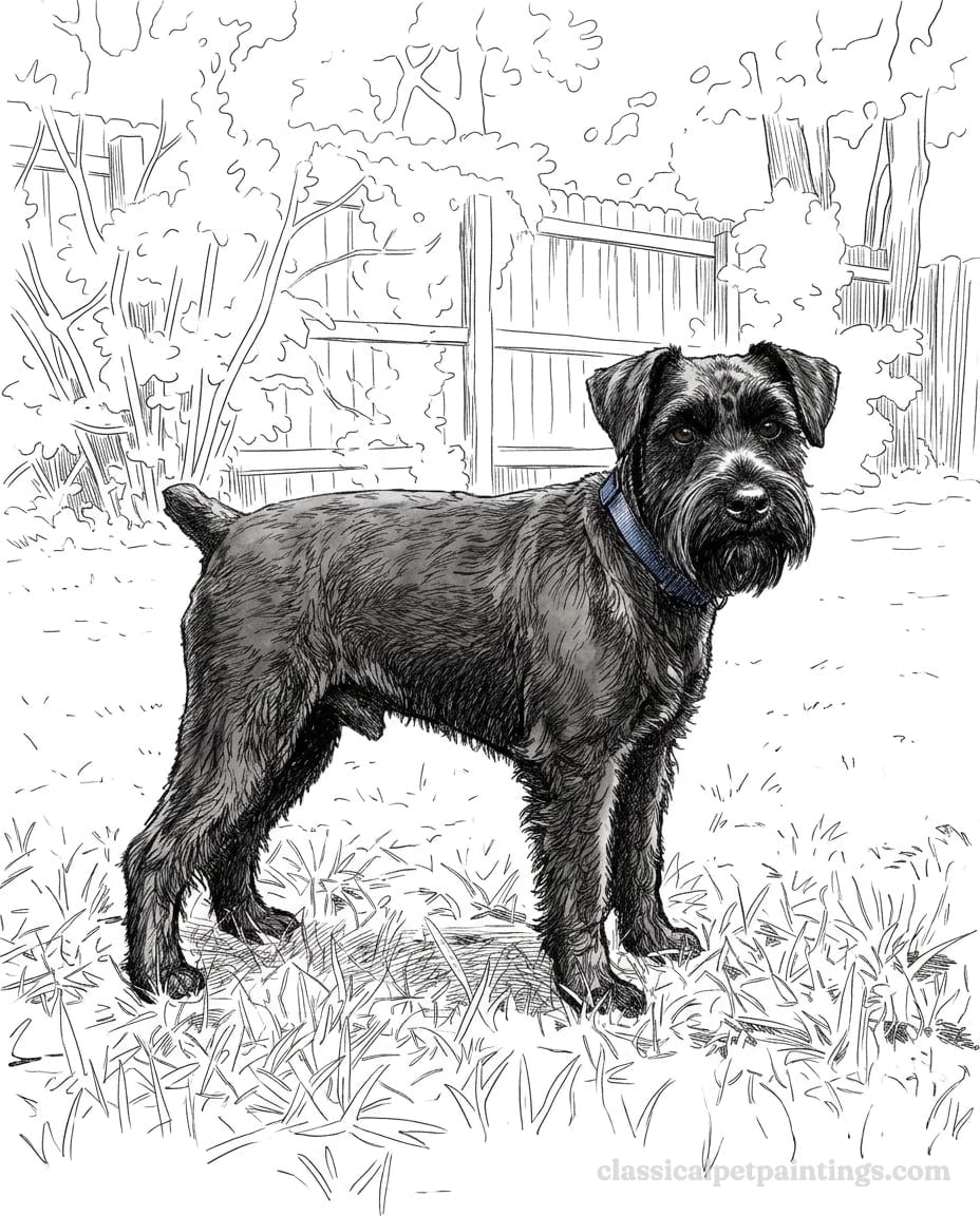 Pen and ink drawing of a solid black miniature schnauzer in a blue collar, standing side-on in a grassy yard with folded ears and a short upright tail