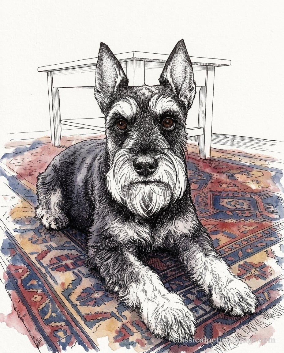Pen and ink drawing of a dark miniature schnauzer with cropped pointed ears and silver-white brows, beard and legs, lying on a red and blue patterned rug
