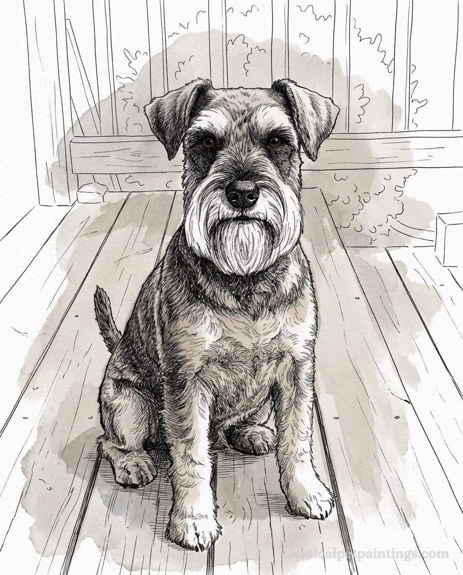 Pen and ink drawing of a salt and pepper miniature schnauzer with folded natural ears, a long white beard and a short upright tail, sitting on a wooden porch