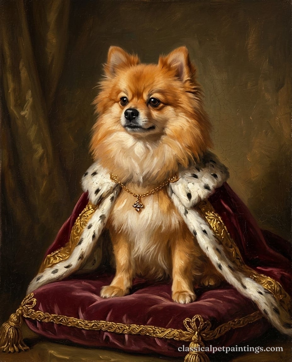 Oil portrait of an orange Pomeranian with a full ruff, seated on a crimson velvet cushion in an ermine-trimmed cloak, a gold chain and pendant at its throat