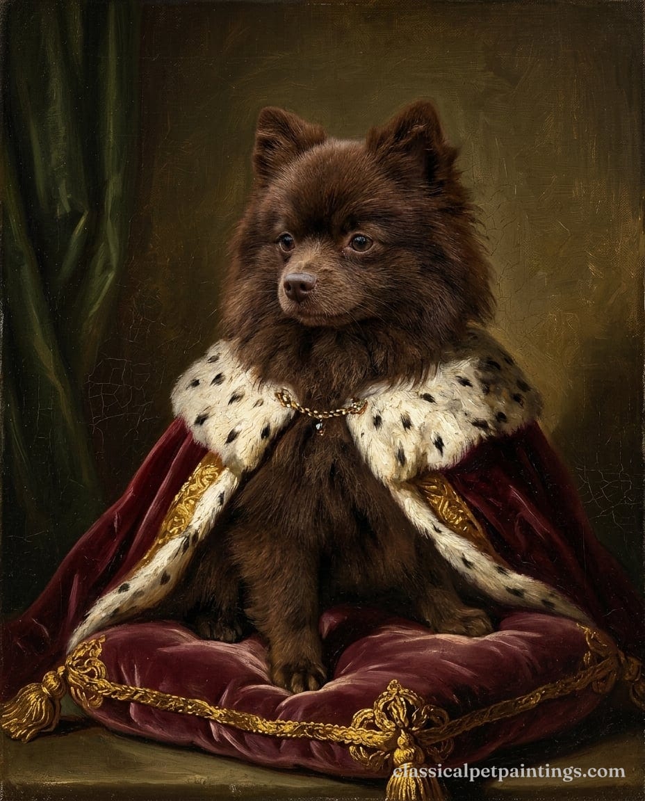 Oil portrait of a chocolate Pomeranian with a brown nose and a dense brown coat, seated on a crimson velvet cushion under an ermine collar and a red velvet cloak
