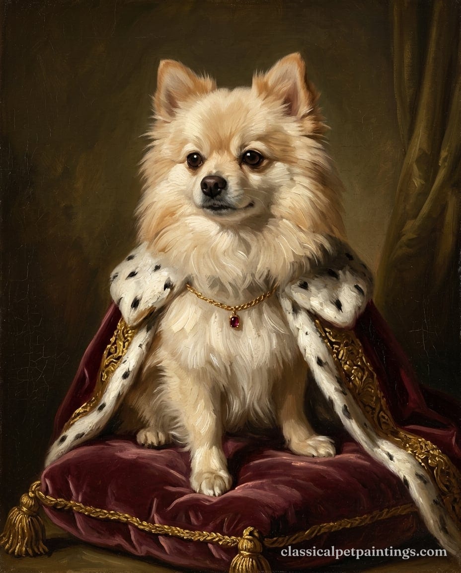 Oil portrait of a cream Pomeranian with a thick pale ruff, seated on a crimson cushion under an ermine-trimmed cloak, a gold chain with a red jewel at its throat