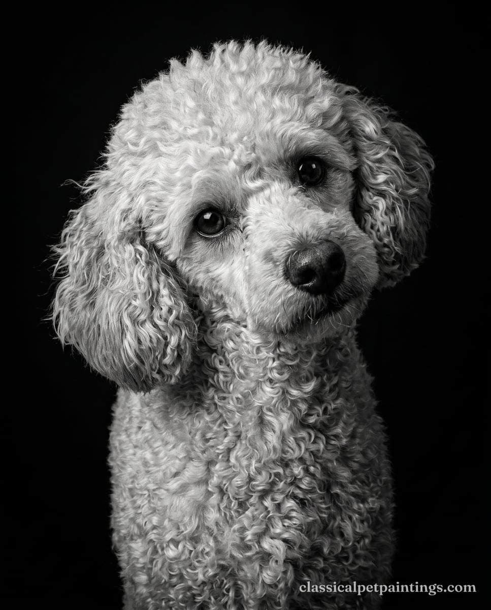 A pale cream poodle with a dense curly coat and a dark nose, its head tilted to one side, in black and white on a black ground