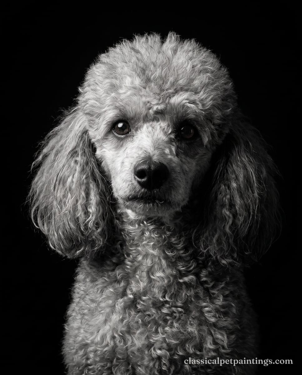 A silver-gray poodle with a tightly curled coat and long feathered ears, looking up in soft side light on a black ground