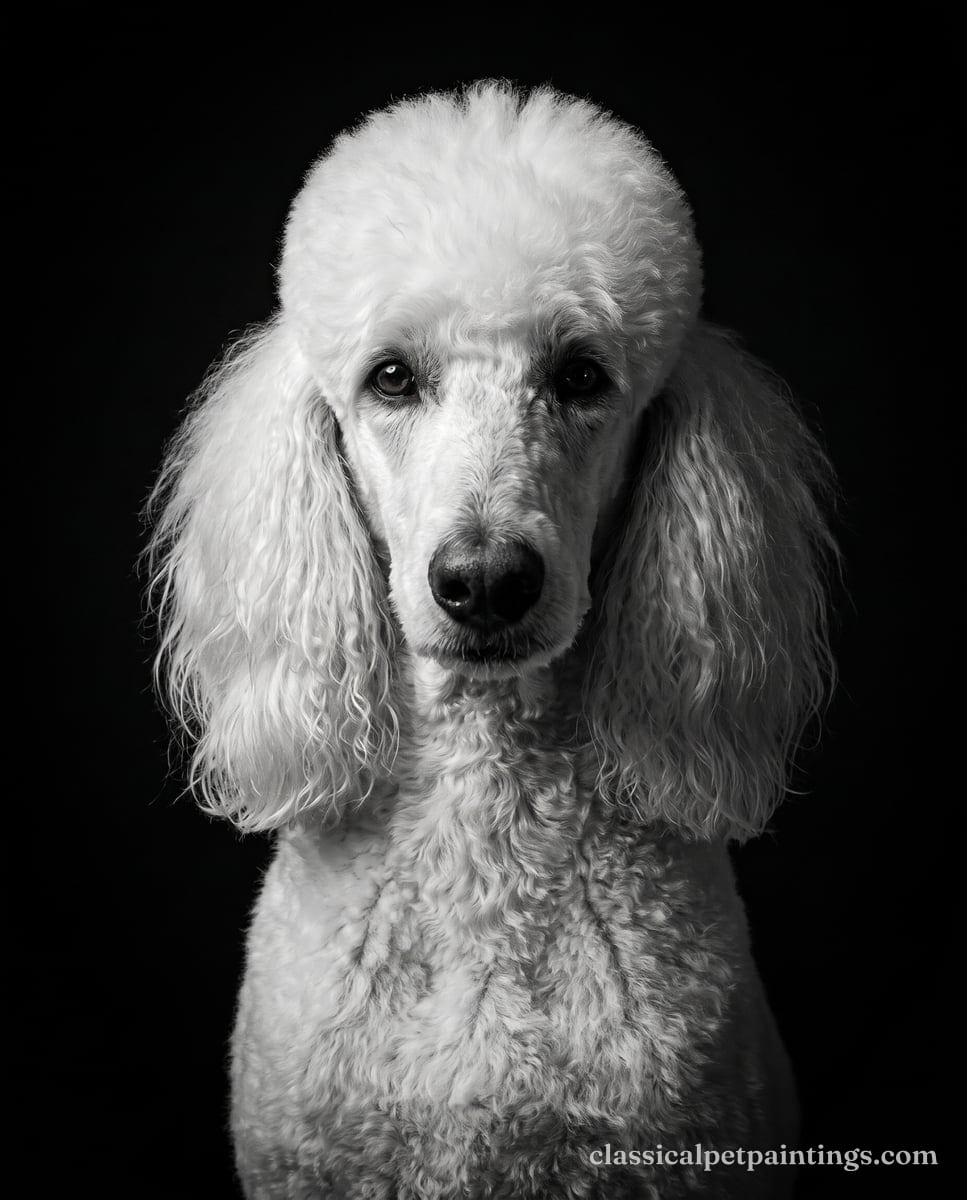 A white Standard poodle with a rounded topknot and long curly ears, facing forward in black and white against a pure black ground