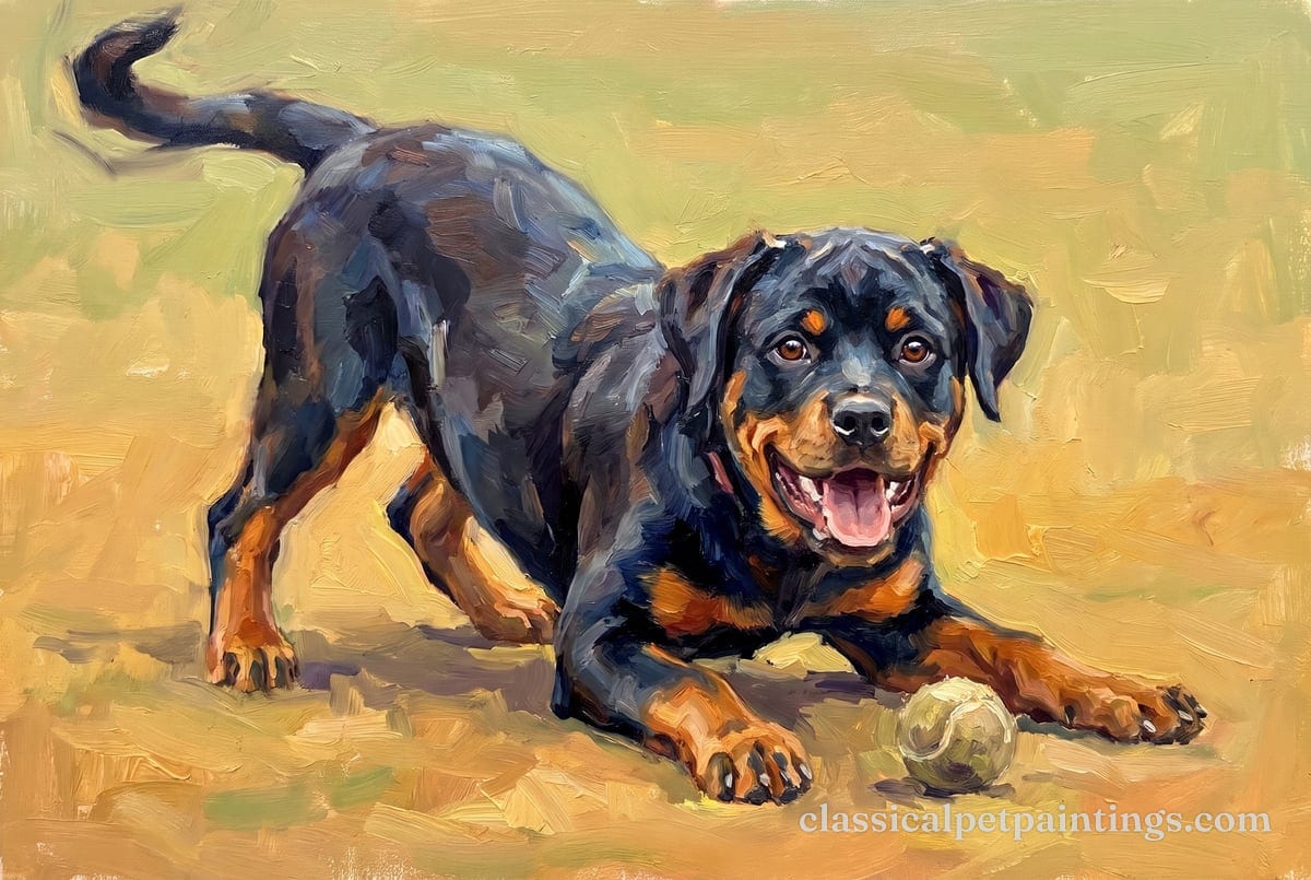 A young Rottweiler with rust markings on its face, chest and legs bowing low over a worn tennis ball, painted in loose ocher and green oil strokes