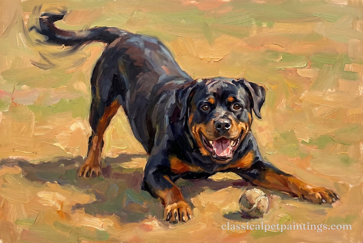 A Rottweiler in a play bow on a sunlit field, mouth open in a grin, a tennis ball by its front paw and its tail raised, in thick oil brushwork