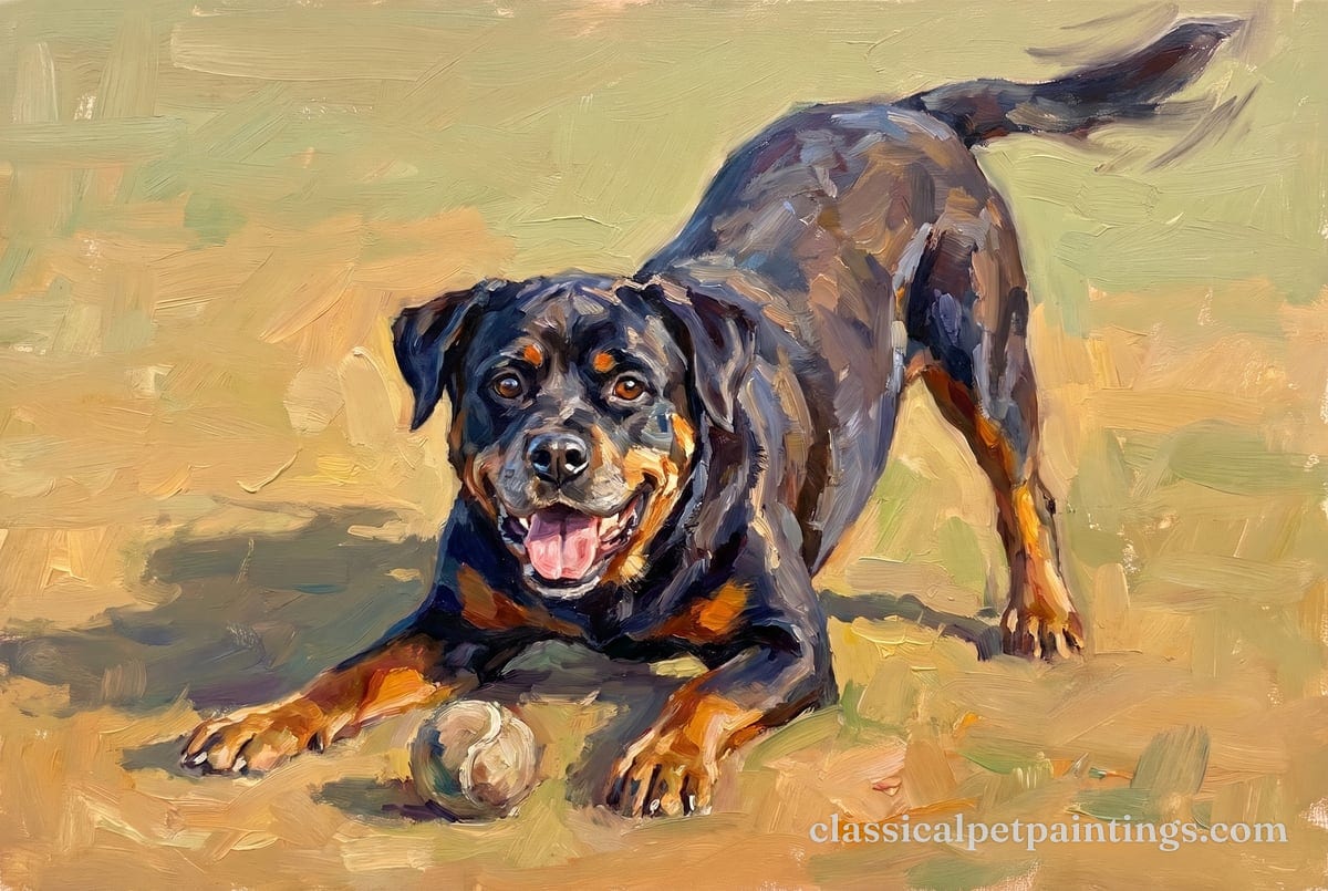 A Rottweiler with its tongue out, low on its front legs beside a tennis ball, the sun picking out blue tones in its black coat