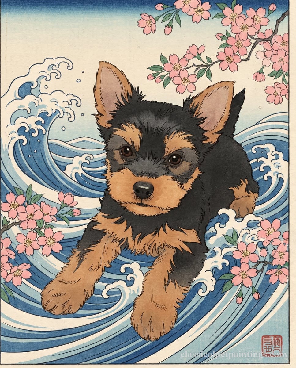 Black and tan Yorkshire terrier puppy lying with its front paws stretched forward over blue waves, framed by pink cherry blossom, in the Ukiyo-e style