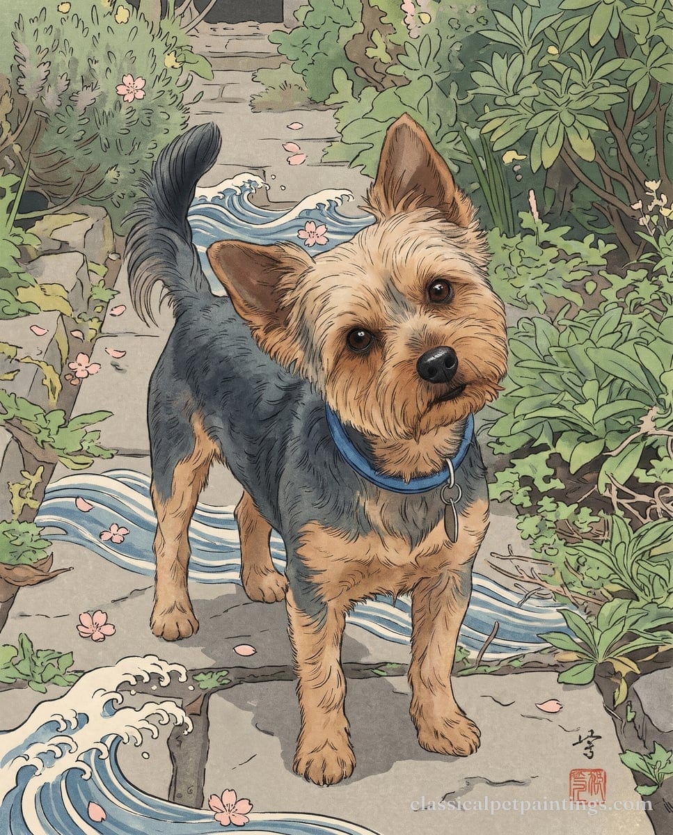 Blue and tan Yorkshire terrier in a short trim and a blue collar, head tilted and tail up, standing on a stone garden path crossed by stylized waves, in the Ukiyo-e style