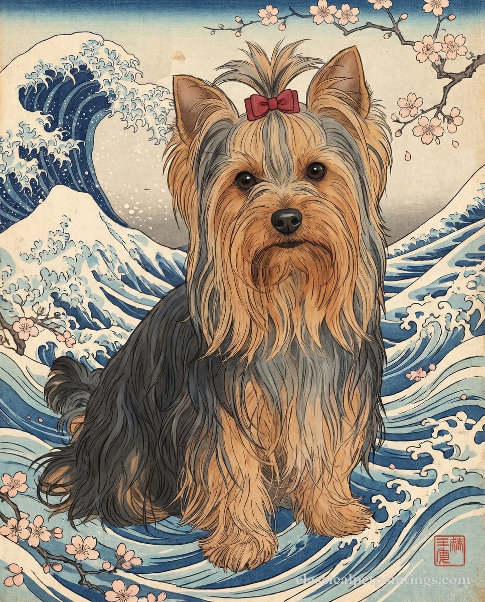 Yorkshire terrier with a long steel-blue and golden tan coat and a red bow in its topknot, sitting among curling blue waves and cherry blossom in the Ukiyo-e style