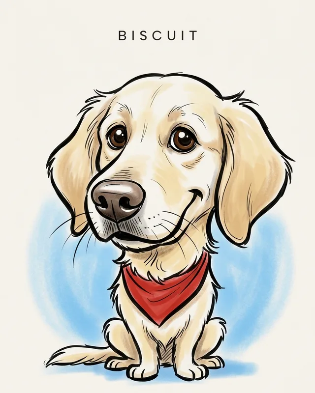 Biscuit the golden retriever, painted in the Caricature style
