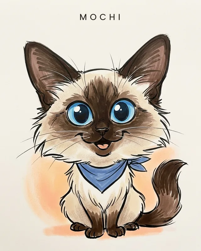 Mochi the ragdoll, painted in the Caricature style