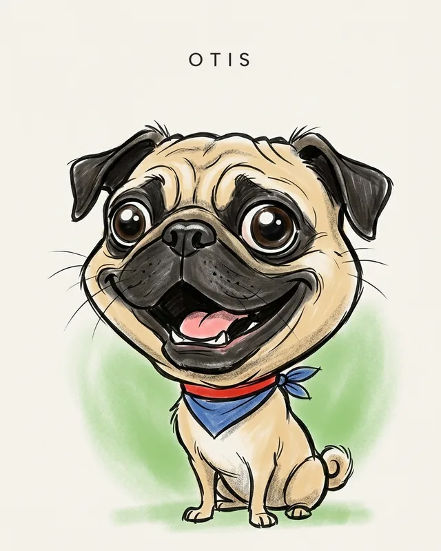 Otis the pug, painted in the Caricature style
