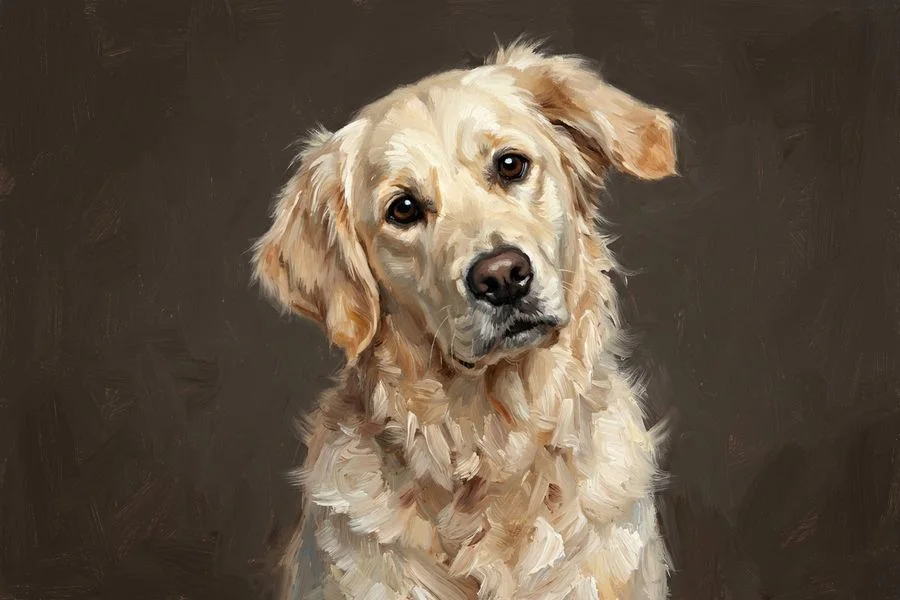 Biscuit the golden retriever, painted in the Curiosity style