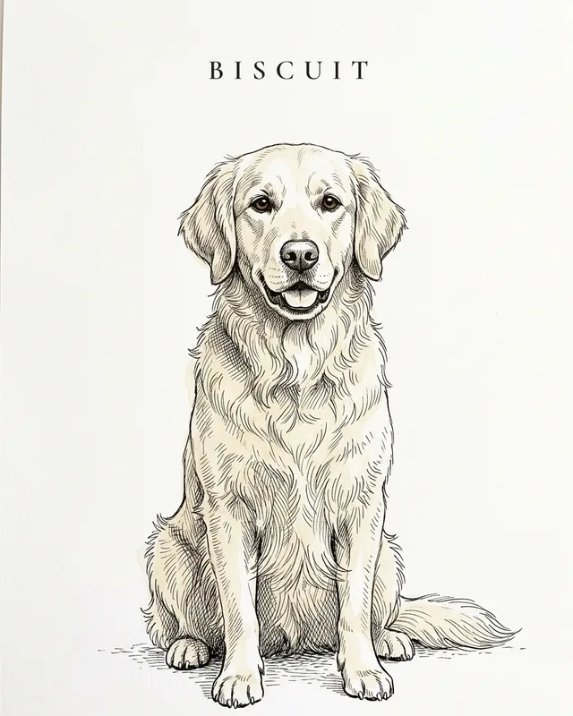Biscuit the golden retriever, painted in the Quill & Ink style