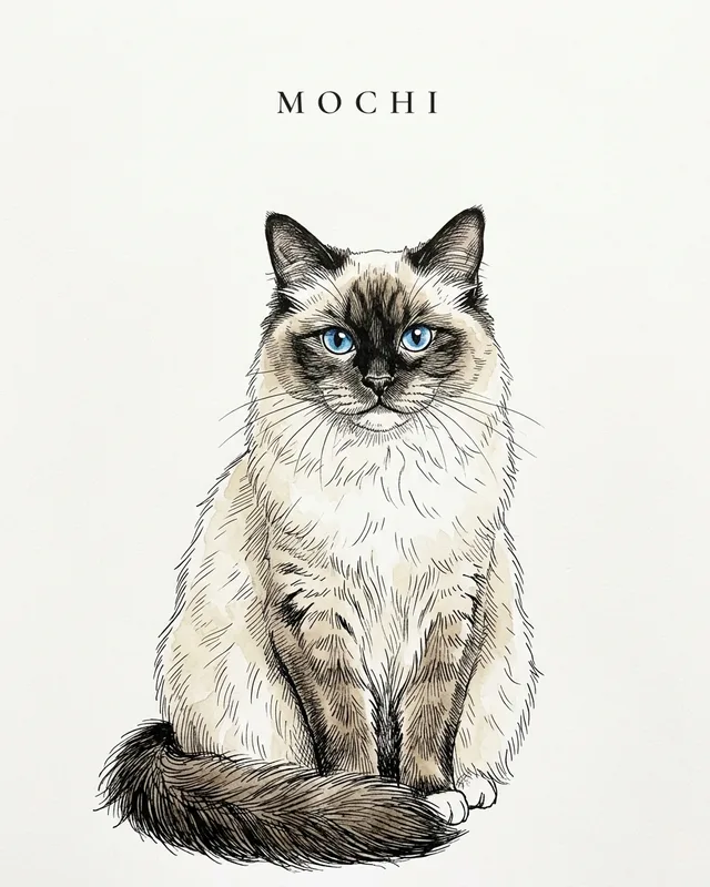 Mochi the ragdoll, painted in the Quill & Ink style