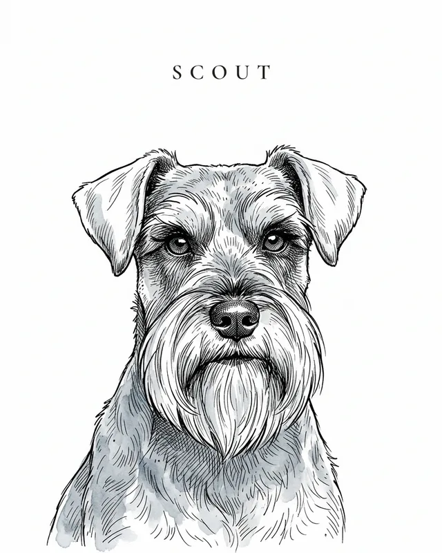 Scout the miniature schnauzer, painted in the Quill & Ink style