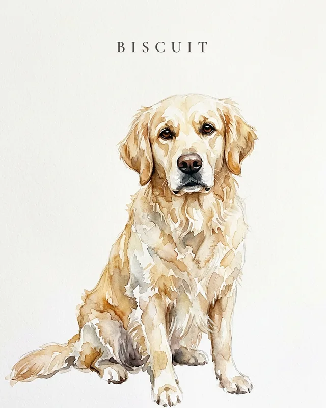 Biscuit the golden retriever, painted in the Aquarelle Wash style