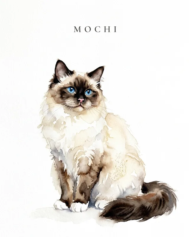 Mochi the ragdoll, painted in the Aquarelle Wash style
