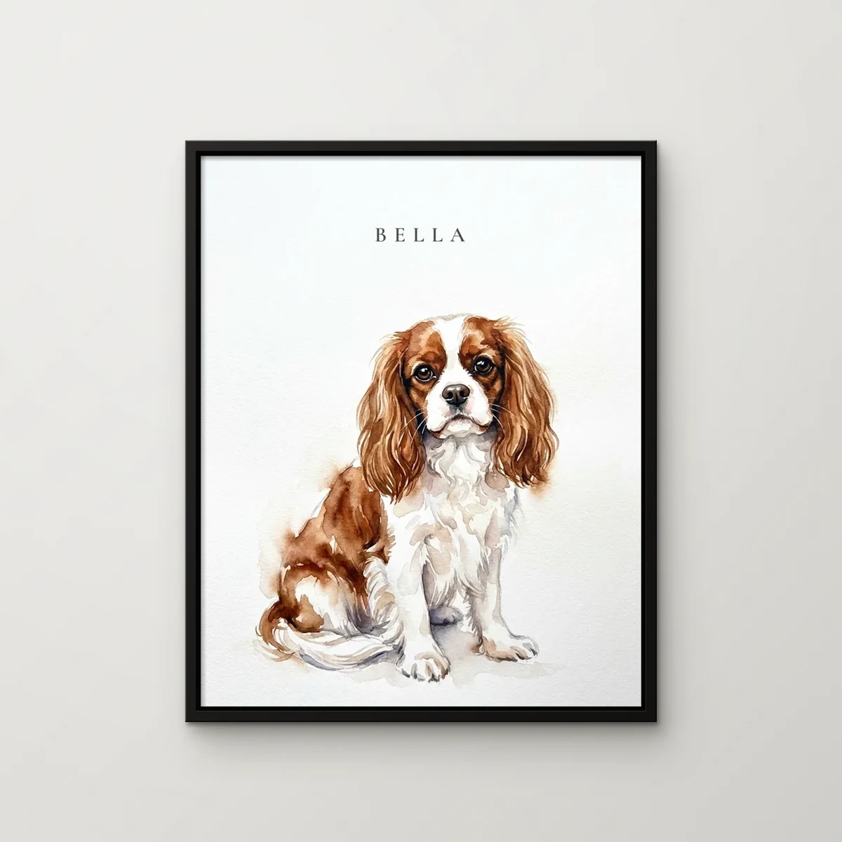 Bella the cavalier king charles spaniel painted in the Aquarelle Wash style