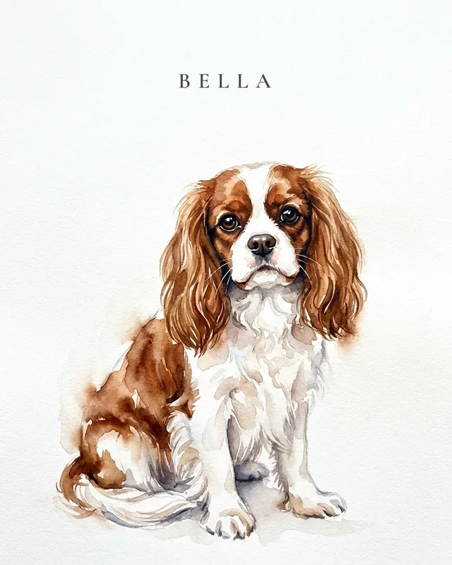 Bella the cavalier king charles spaniel, painted in the Aquarelle Wash style