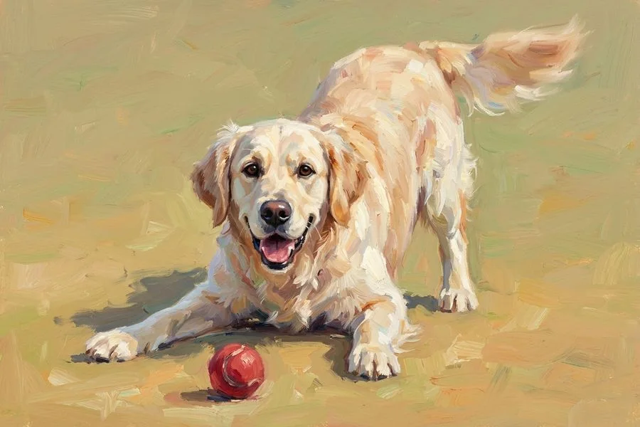 Biscuit the golden retriever, painted in the Play style