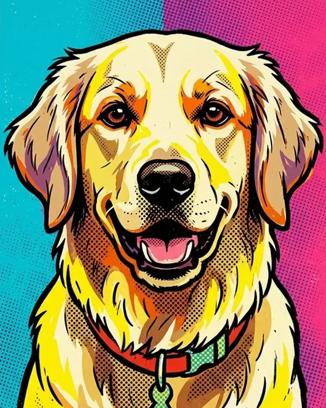 Biscuit the golden retriever, painted in the Pop style