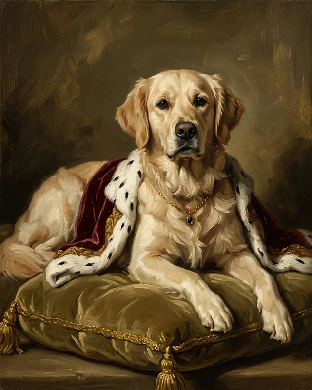 Biscuit the golden retriever, painted in the 18th Century Royalty style