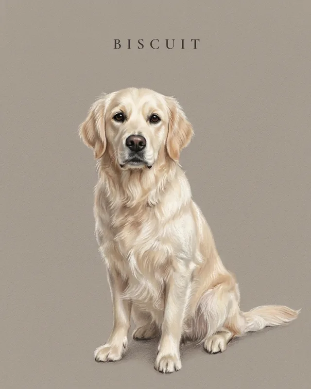 Biscuit the golden retriever, painted in the Pastel Study style