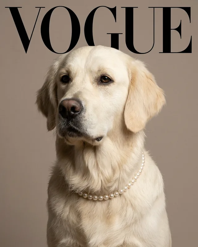 Biscuit the golden retriever, painted in the The Celebrity style