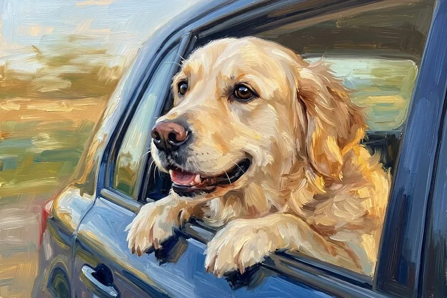 Biscuit the golden retriever, painted in the The Long Ride style