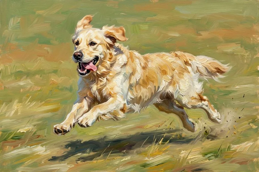 Biscuit the golden retriever, painted in the The Zoomies style