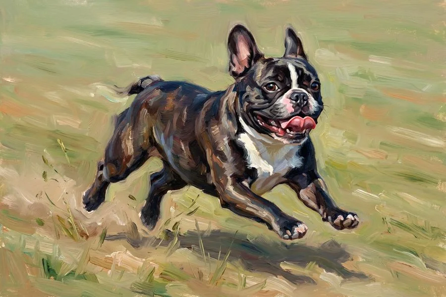 Winston the french bulldog, painted in the The Zoomies style