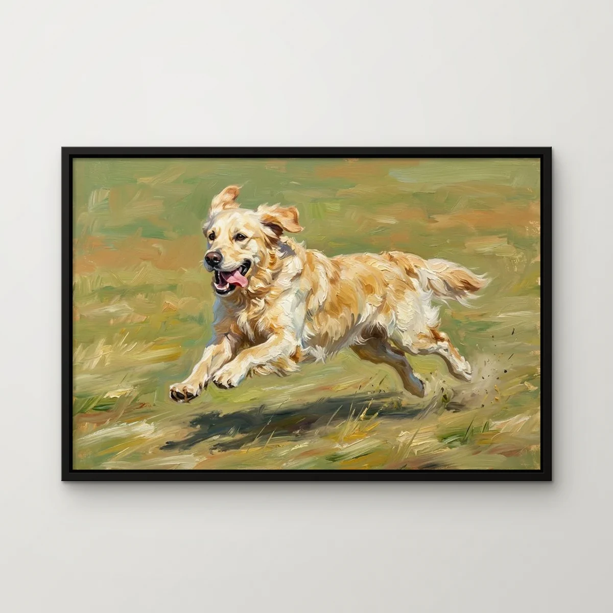 Biscuit the golden retriever painted in the The Zoomies style