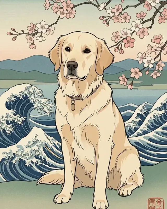Biscuit the golden retriever, painted in the Ukiyo-e style
