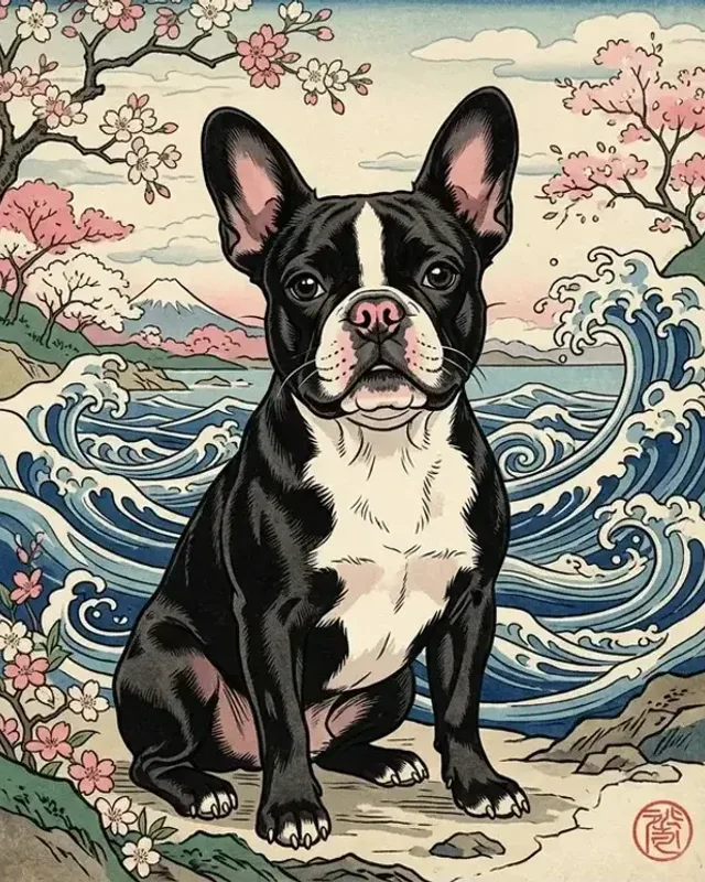 Winston the french bulldog, painted in the Ukiyo-e style