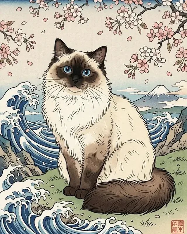 Mochi the ragdoll, painted in the Ukiyo-e style