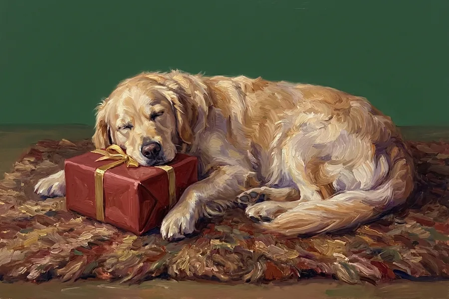 Biscuit the golden retriever, painted in the Waiting for Santa style