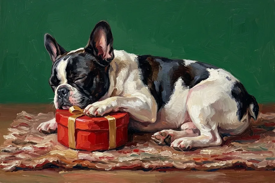 Winston the french bulldog, painted in the Waiting for Santa style