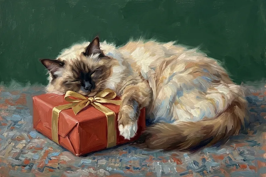 Mochi the ragdoll, painted in the Waiting for Santa style