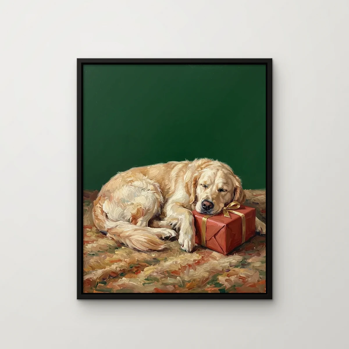Biscuit the golden retriever painted in the Waiting for Santa style